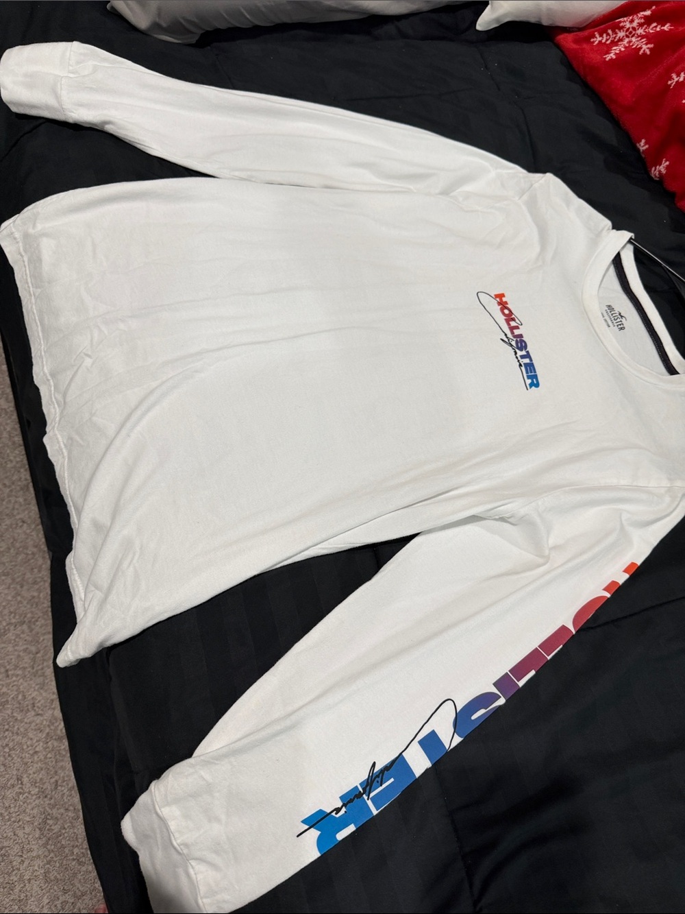 Hollister White Long-Sleeve Tee with Red & Blue Logo